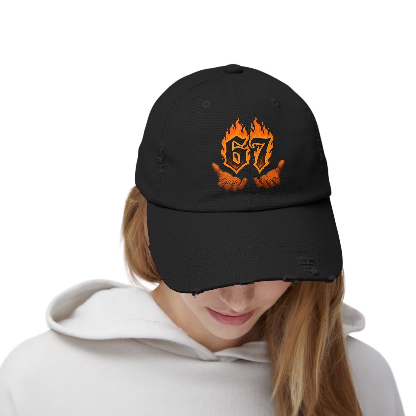 67 Flame Hands Distressed Cap — Vintage Black Dad Hat with Flaming Number Graphic