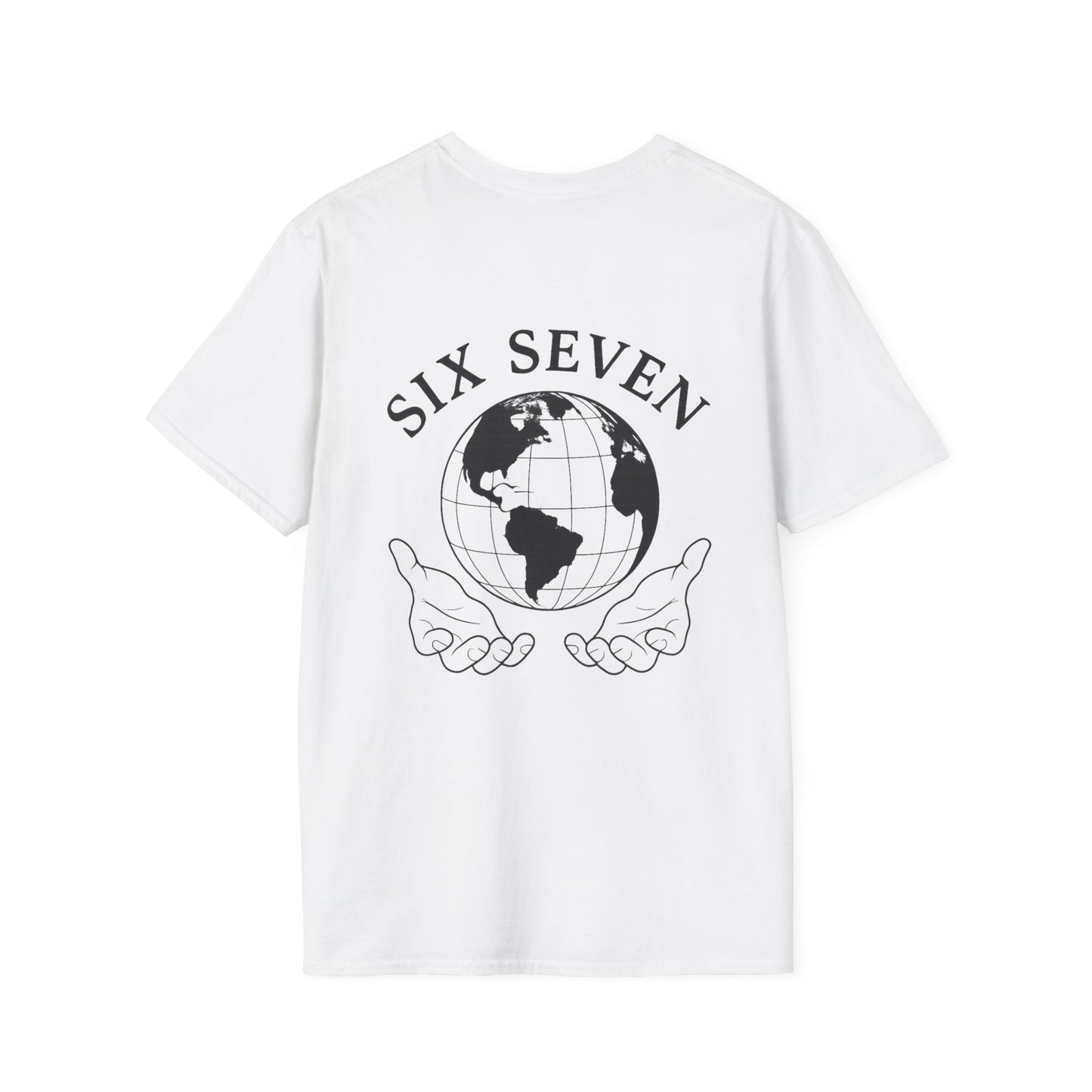 Six Seven Globe T‑Shirt — '67' Chest Logo & Caring Hands Back Design