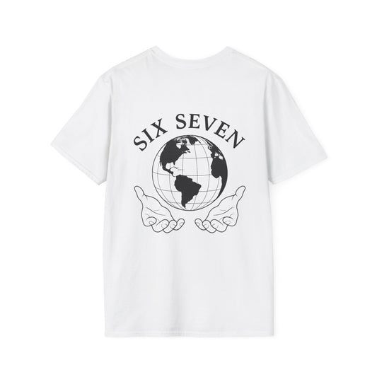 Six Seven Globe T‑Shirt — '67' Chest Logo & Caring Hands Back Design