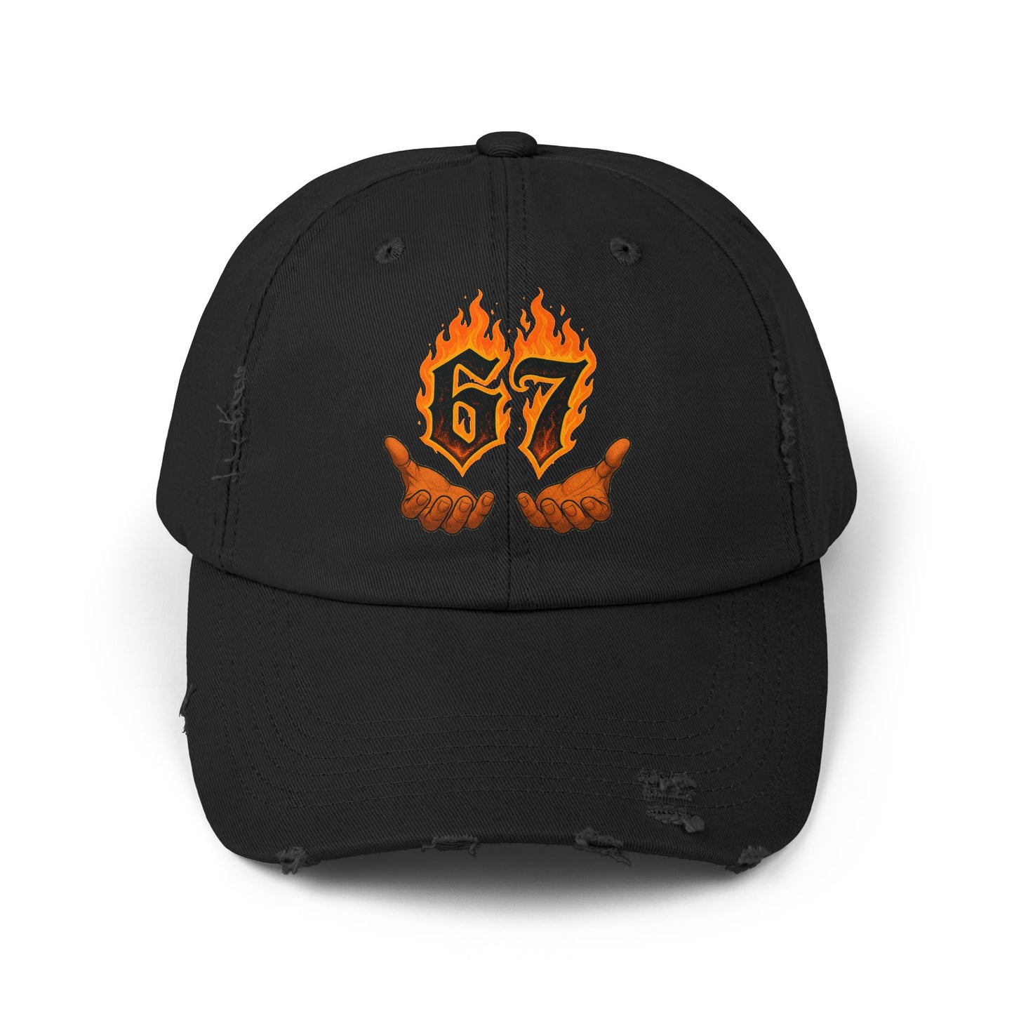 67 Flame Hands Distressed Cap — Vintage Black Dad Hat with Flaming Number Graphic