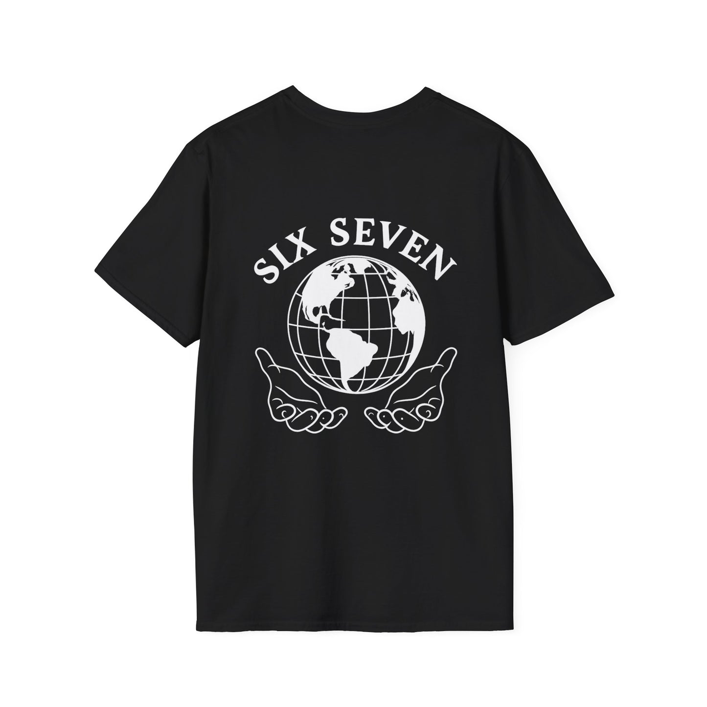 Six Seven Globe T‑Shirt — '67' Chest Logo & Caring Hands Back Design