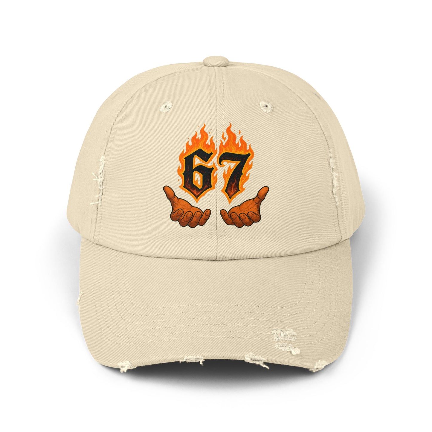 67 Flame Hands Distressed Cap — Vintage Black Dad Hat with Flaming Number Graphic