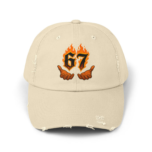 67 Flame Hands Distressed Cap — Vintage Black Dad Hat with Flaming Number Graphic